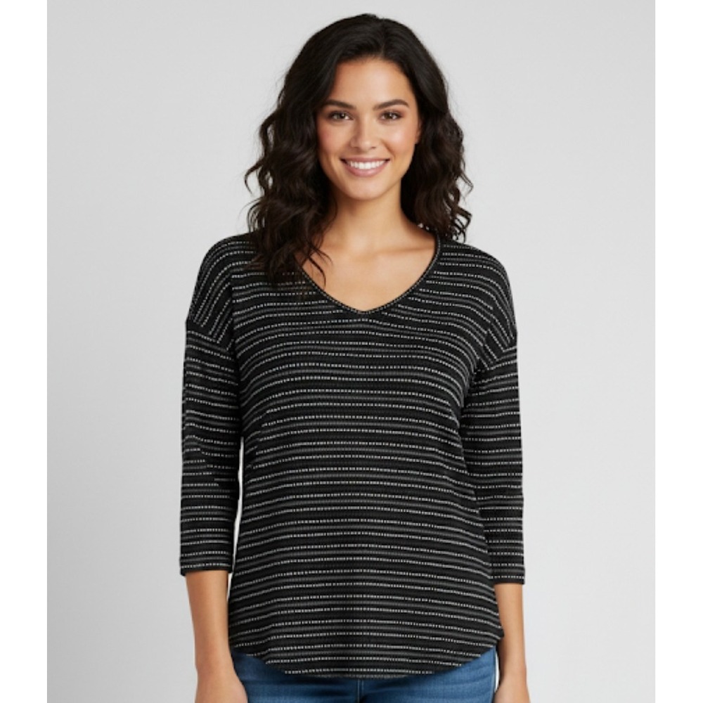 T by Talbots‎ Shirt Womens Large Petite Black Dot Stripe Knit V Neck 3/4 Sleeve